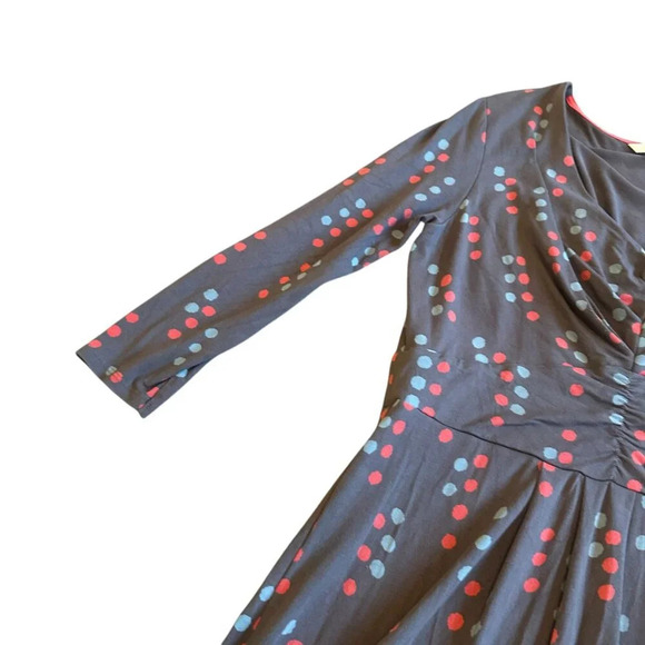 Boden Gathered Band Jersey Stretch Dress Grey Fun Print V-Neck Size 10R Women's - Picture 3 of 11